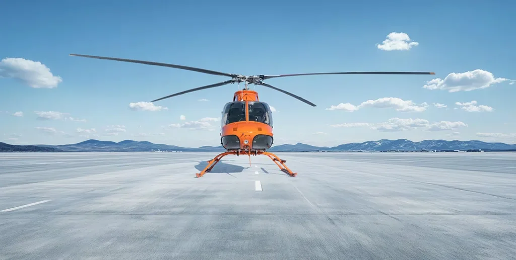 A front view of an orange and white Bell 407 helicopter on a snowy airfield with mountains in the distance.