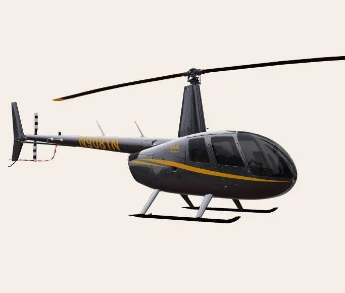 A dark gray Robinson R44 helicopter with yellow stripes and registration N9081N, viewed from the front-right.