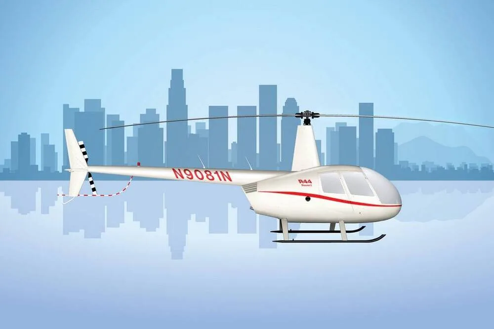 A stylized illustration of a Robinson R-44 Raven I helicopter against a city skyline.