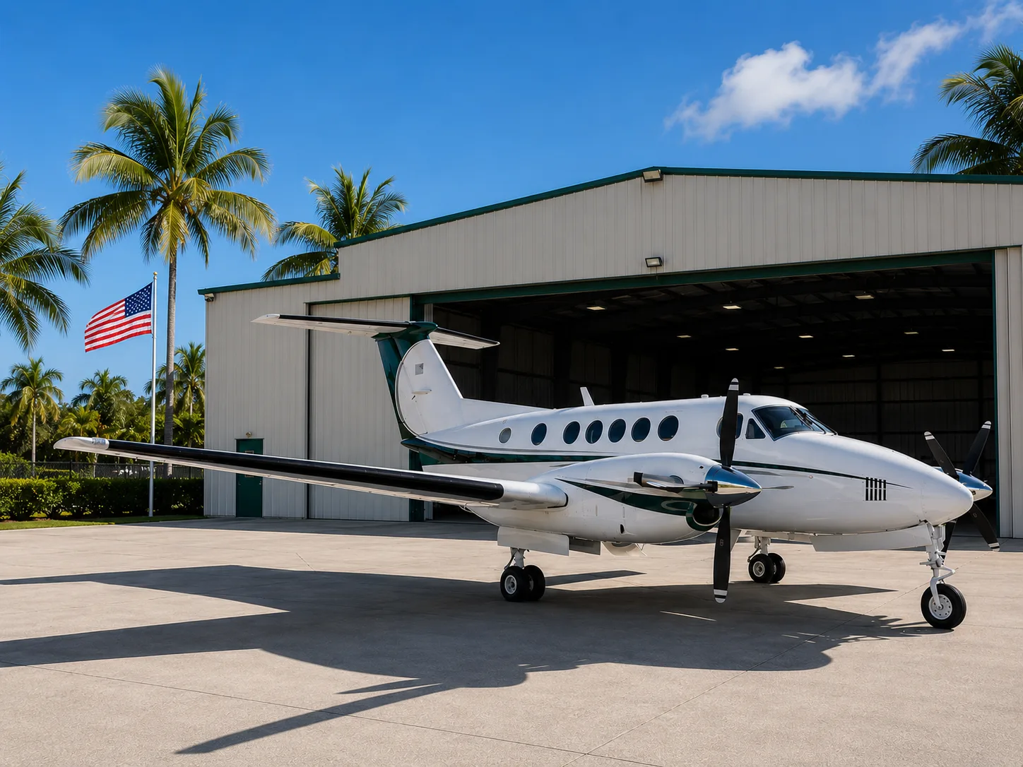 A white and green twin-turboprop aircraft (King Air) parked on a tarmac in front of a hangar with palm trees and an American flag under a blue sky.