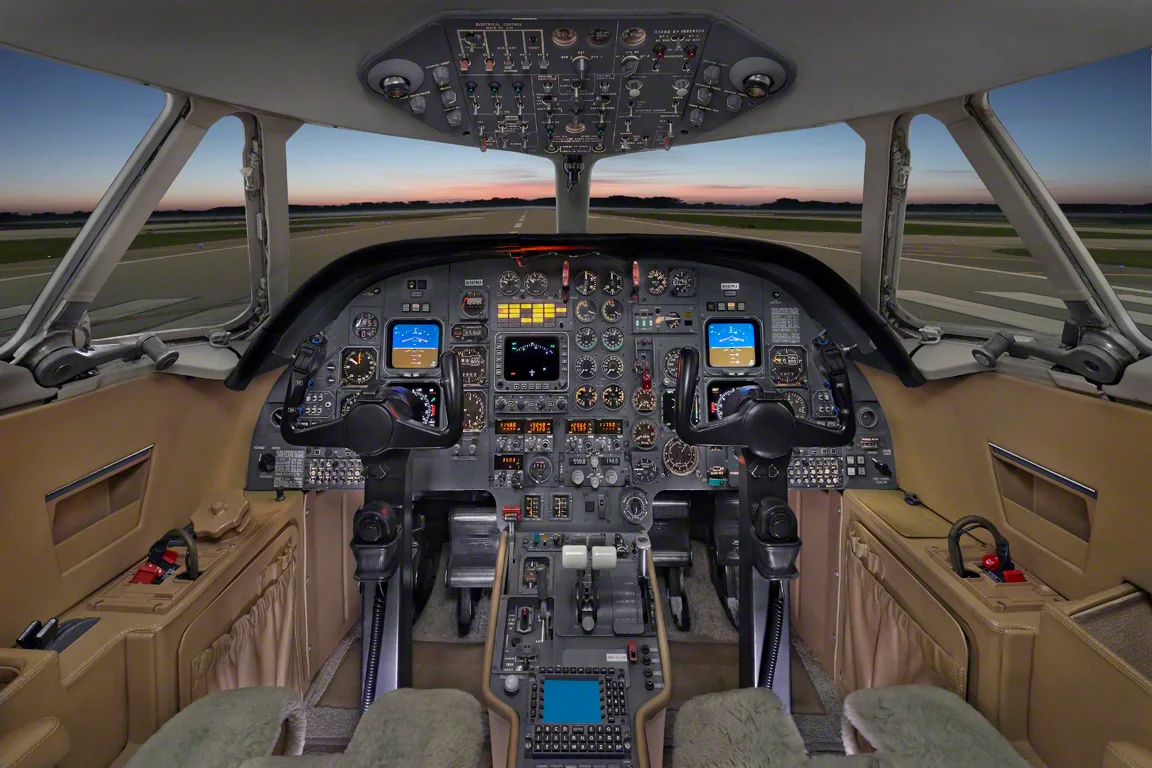 View of the aircraft cockpit and instrument panel.