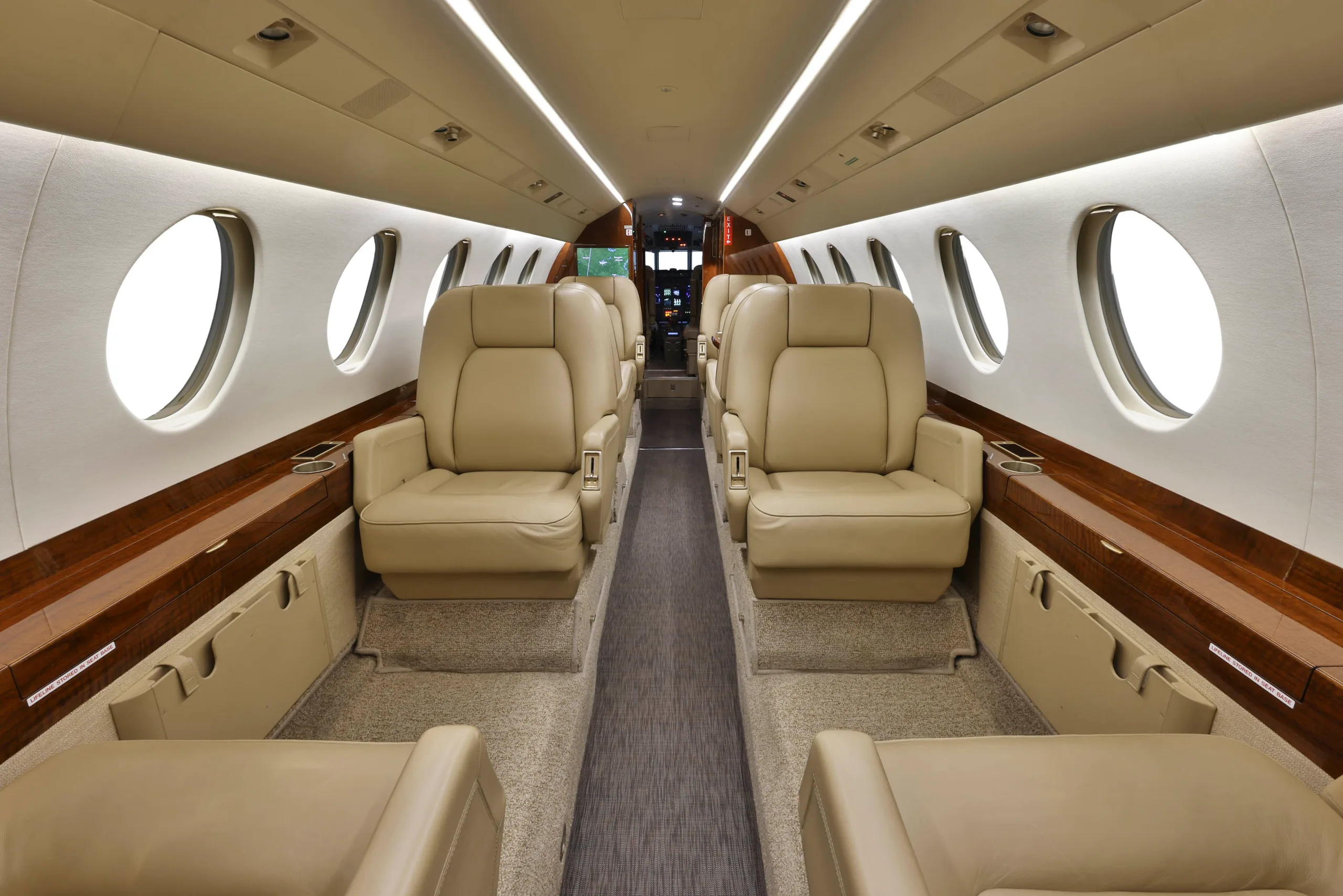 The aircraft's cabin interior features rows of beige leather seats and polished wood trim.