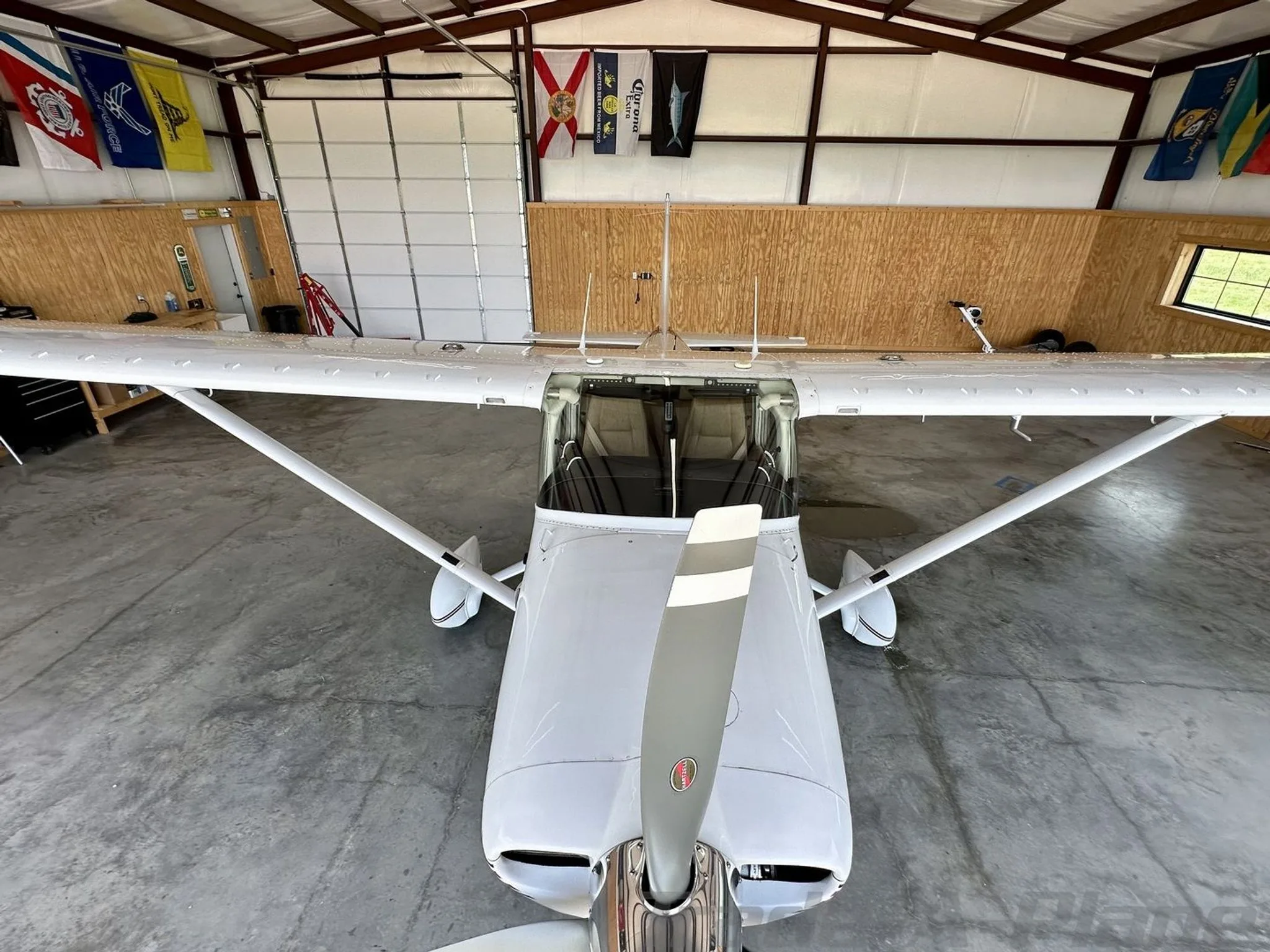 Top view of the Cessna 182R Skylane in the hangar.