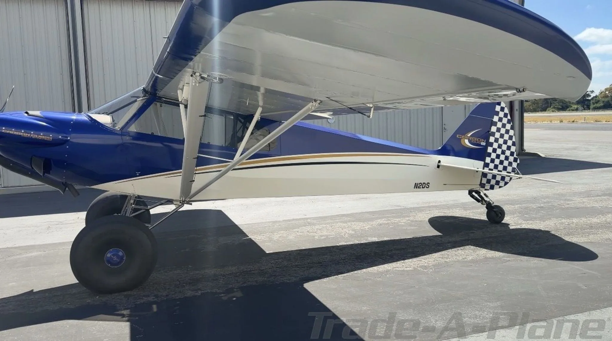 A blue and white Carbon Cub SS aircraft with large tundra tires, seen from the right side on an airport tarmac.