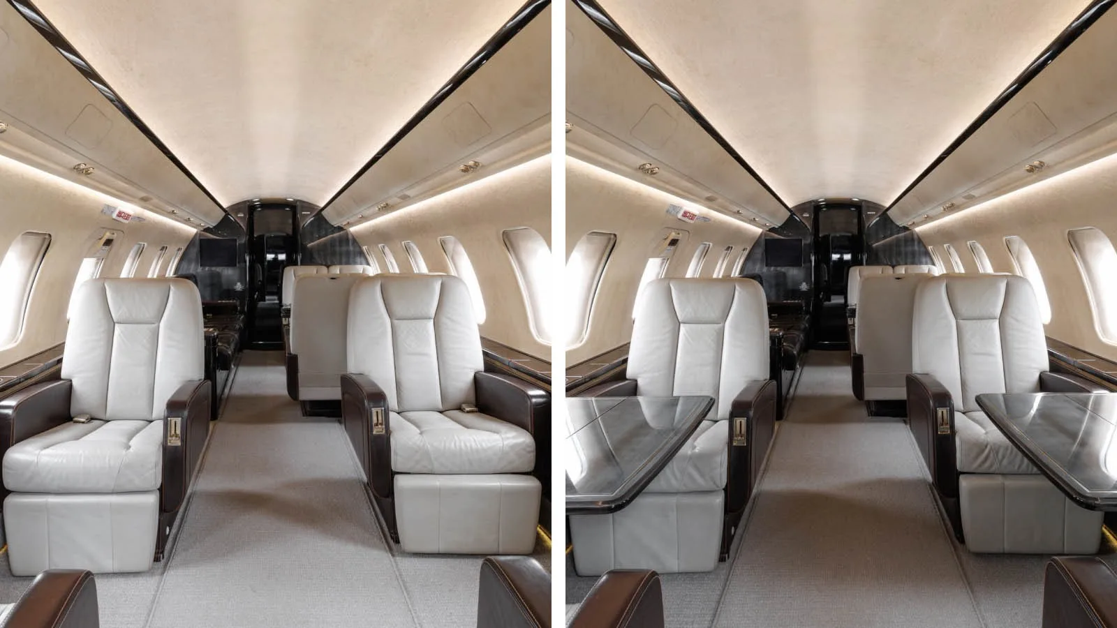The aircraft cabin featuring two sets of opposing cream leather seats with dark brown accents, one with a deployed table.