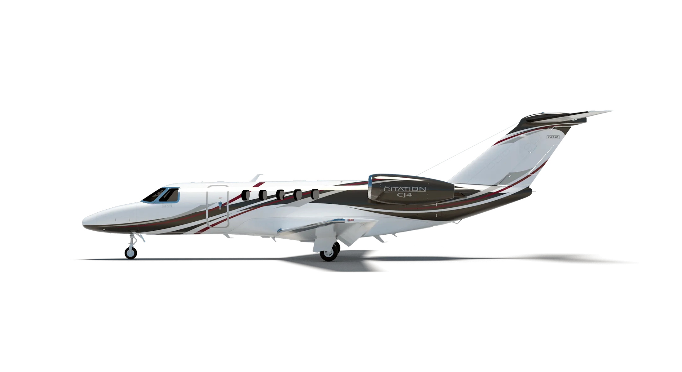 A side view of a white and dark-striped Cessna Citation CJ4 business jet against a black background.