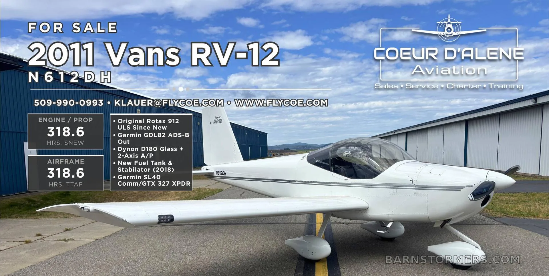 A white Vans RV-12 aircraft (N612DH) is parked on an airfield with a hangar in the background, featuring listing details overlaid.