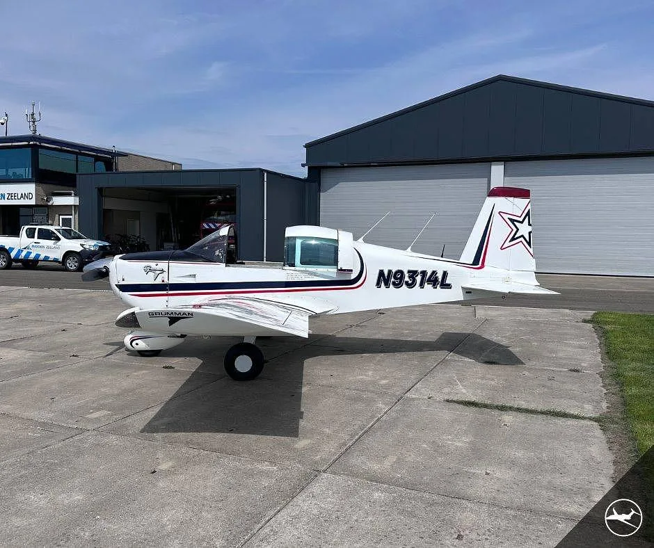 A white Grumman AA-5B Tiger aircraft with black and red stripes, registration N9314L, parked on concrete next to hangars.