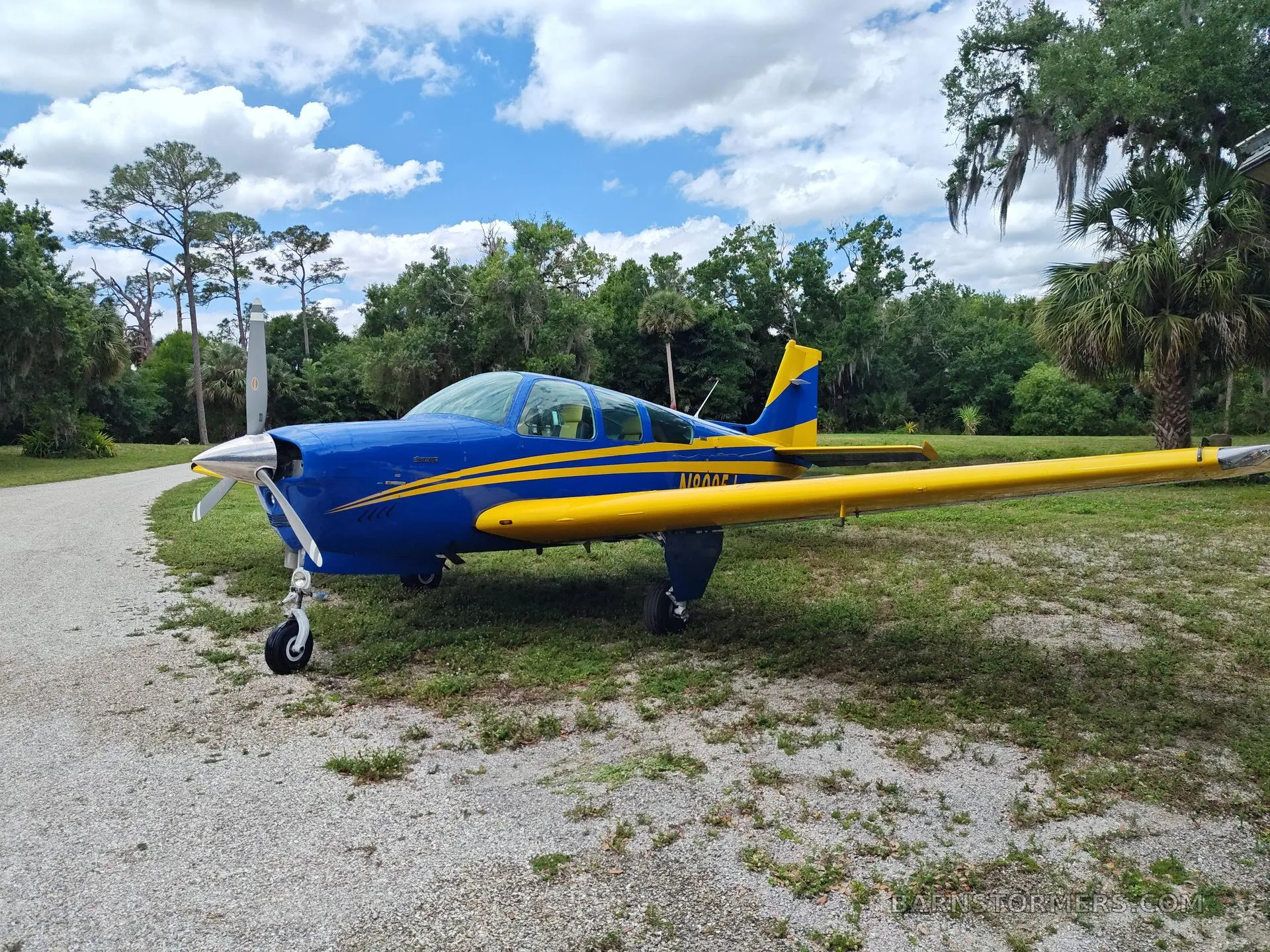A blue and yellow single-engine aircraft with registration N8095J is parked on a gravel path next to grass and trees under a cloudy sky.