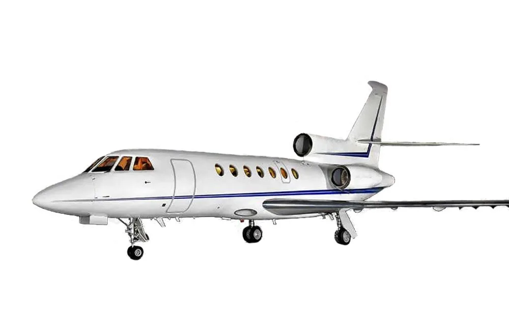 A white Dassault Falcon business jet with blue stripes on a plain white background.