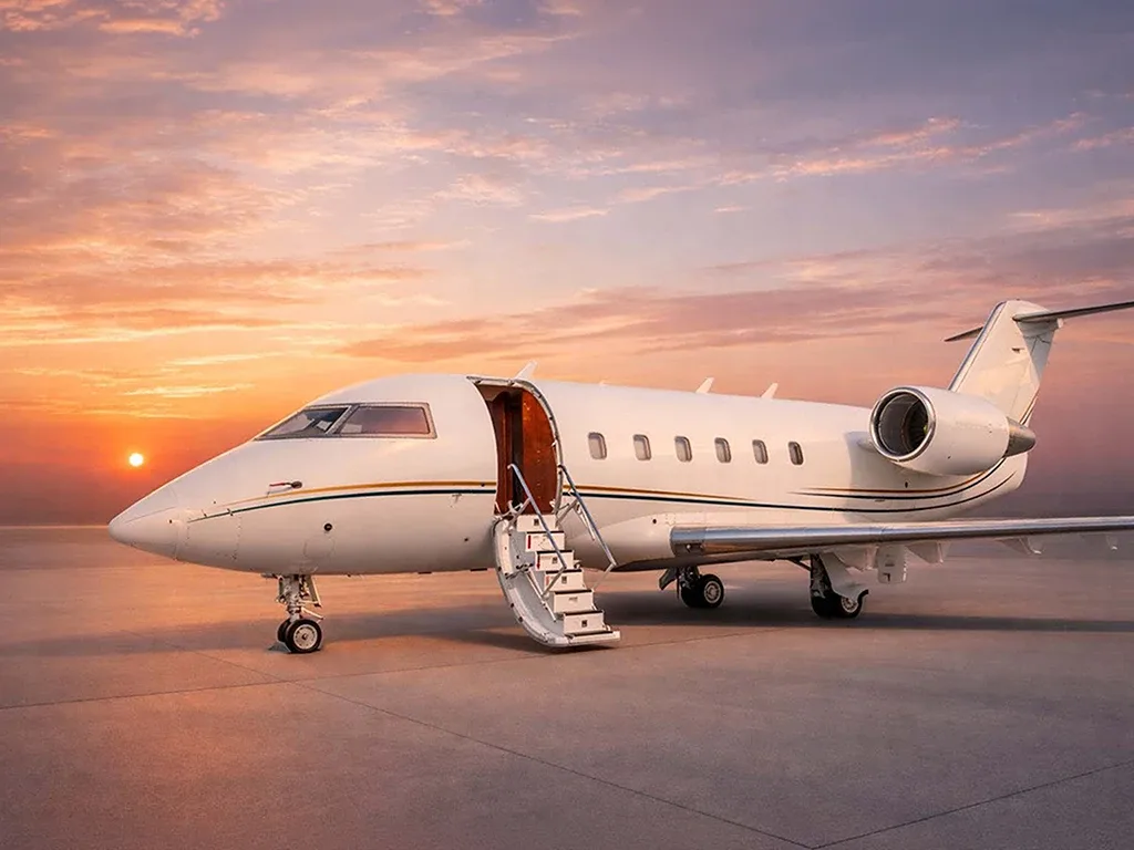 A white Bombardier Challenger business jet with gold and black stripes sits on a tarmac with its door open at sunset.