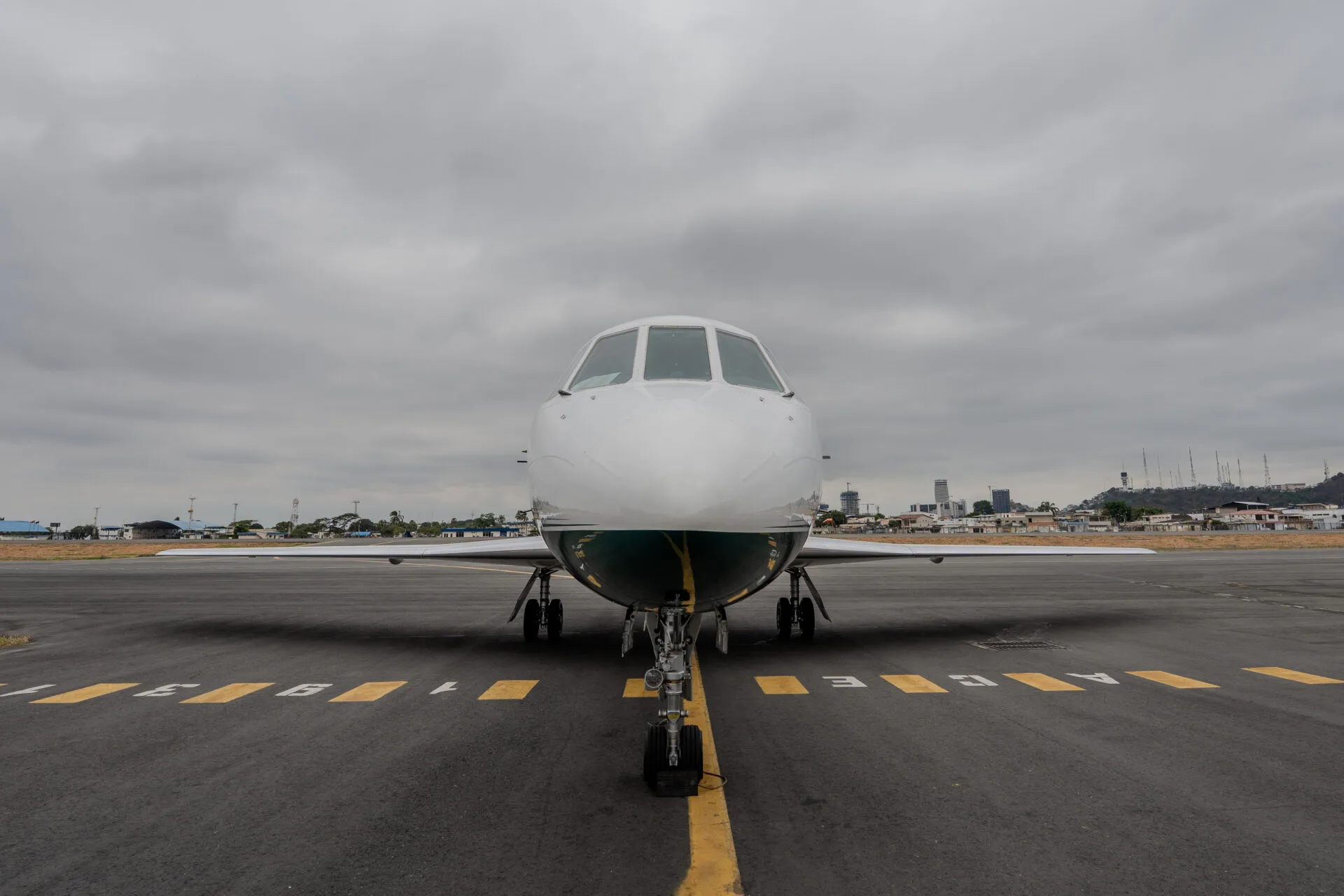 A head-on view of a white and green private jet parked on an airfield with a city skyline in the distance.