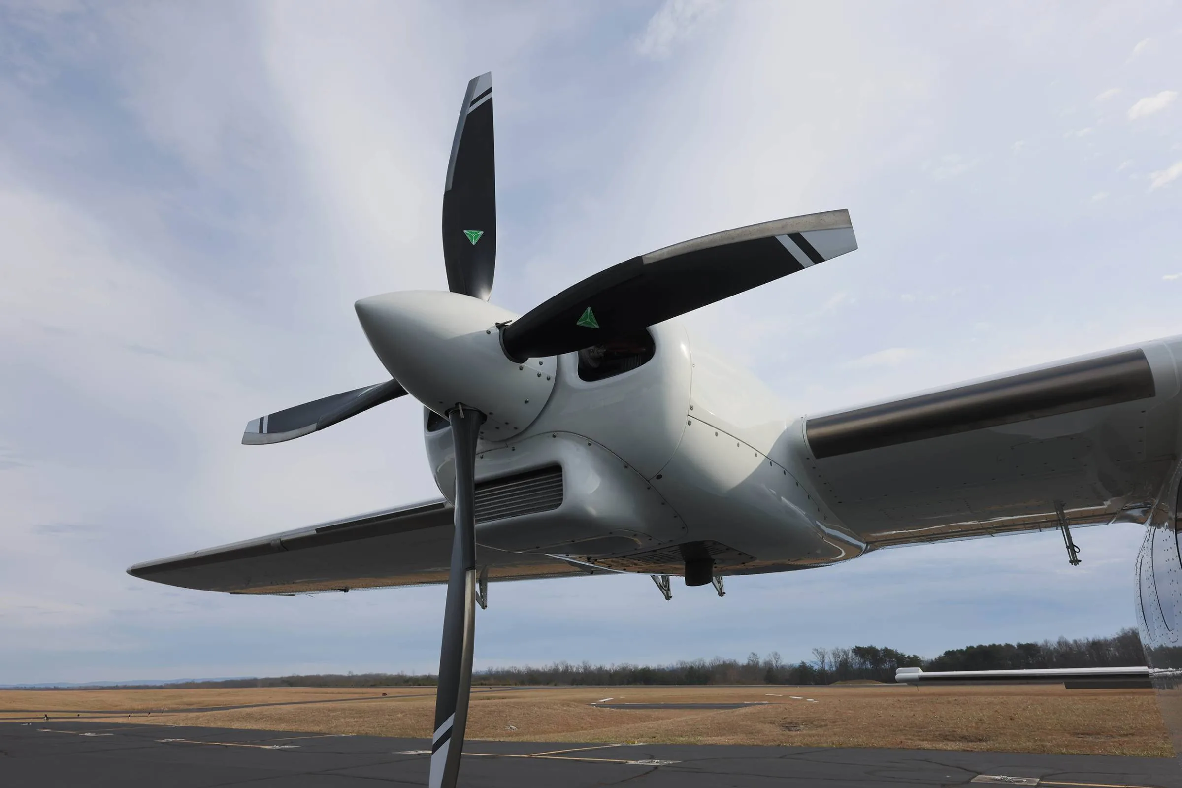 Close up of the aircraft's propeller and engine.