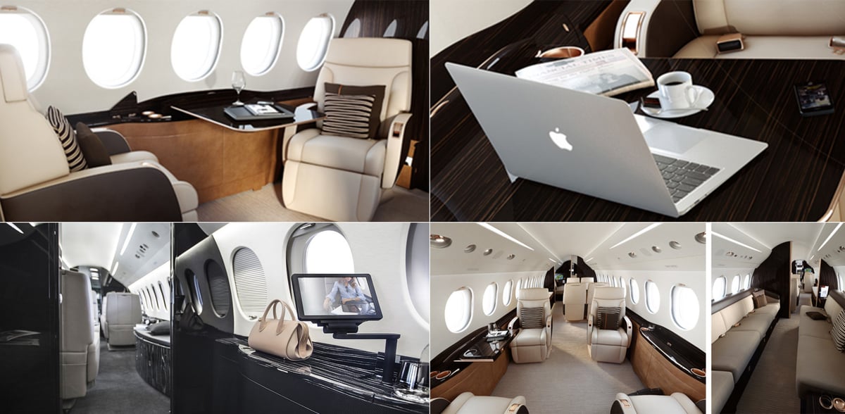 Collage of the interior of a private jet cabin with seats, tables, and a laptop.