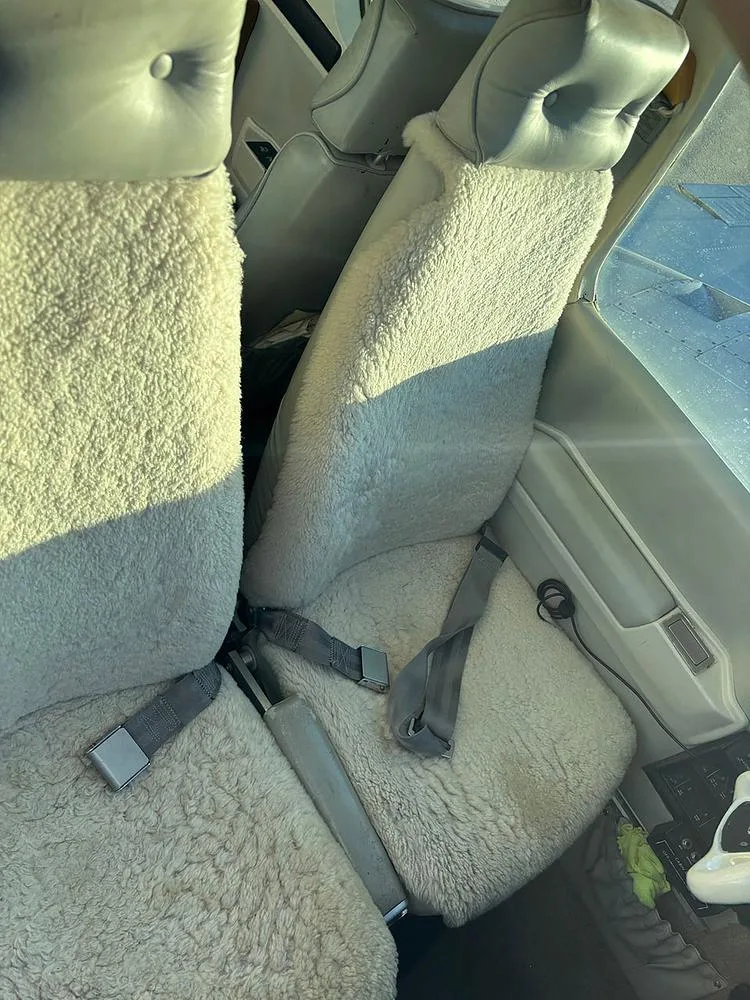 An interior seat with a white fluffy cover and seatbelts.