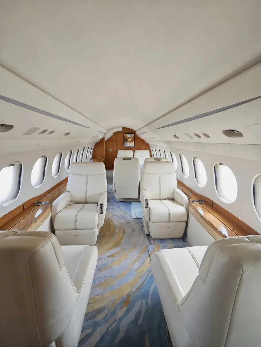 The luxurious interior of an aircraft cabin featuring cream leather seats and a blue and gold patterned carpet.