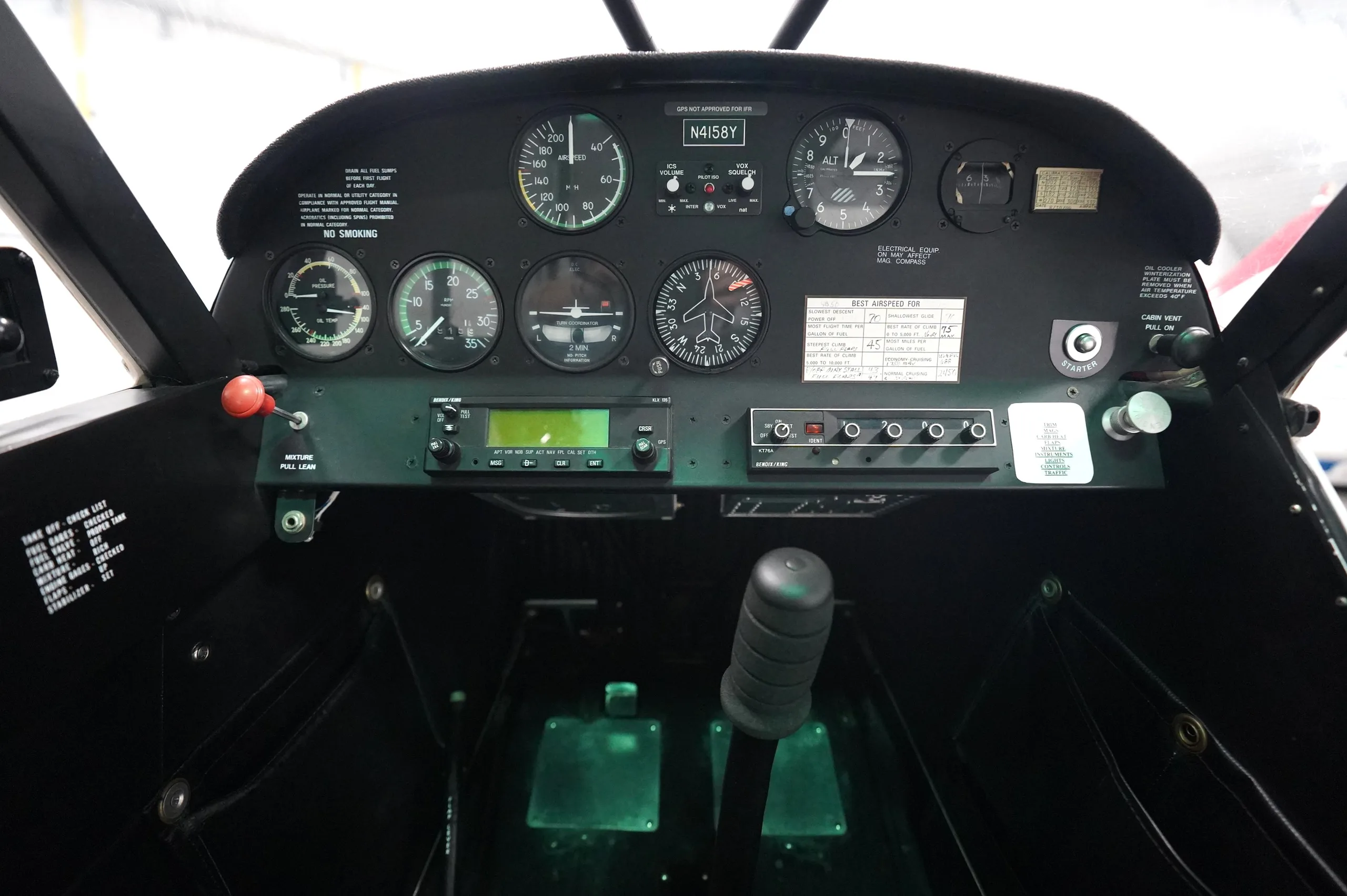 The cockpit instrument panel of a Piper Cub aircraft, registration N4158Y, showing gauges and controls.