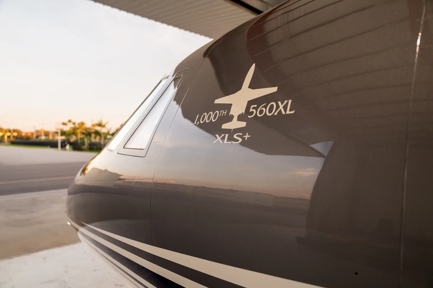 Close up of the nose of a Cessna Citation XLS+ aircraft.