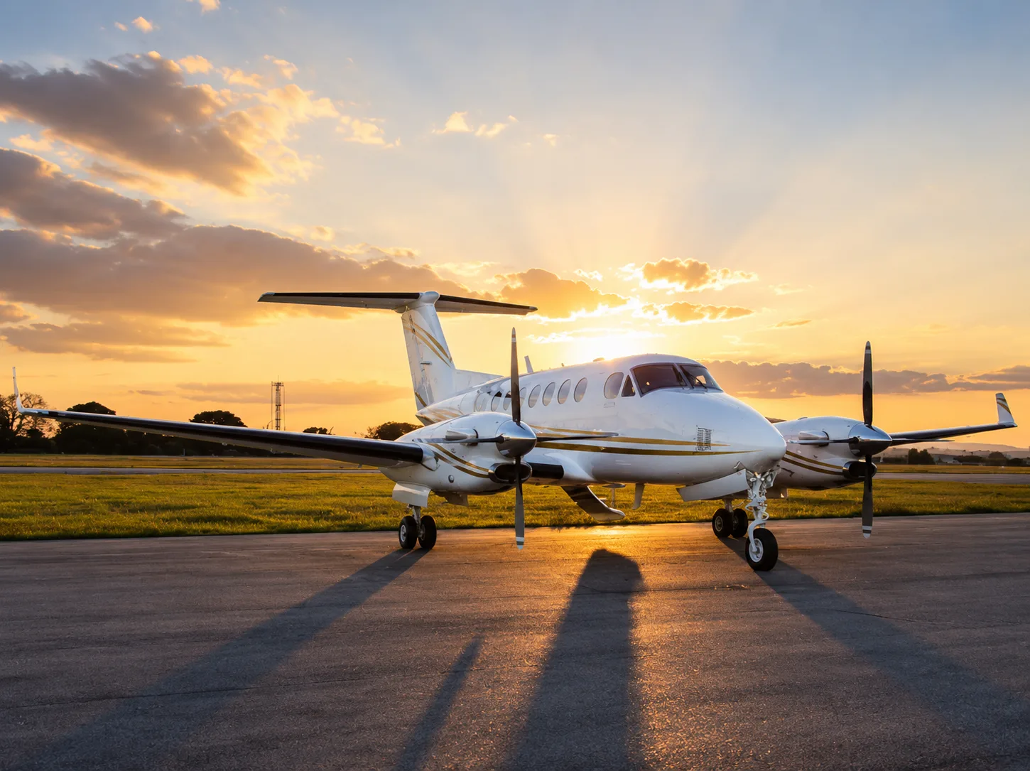 A white twin-turboprop aircraft with gold accents parked on an airfield at sunset.