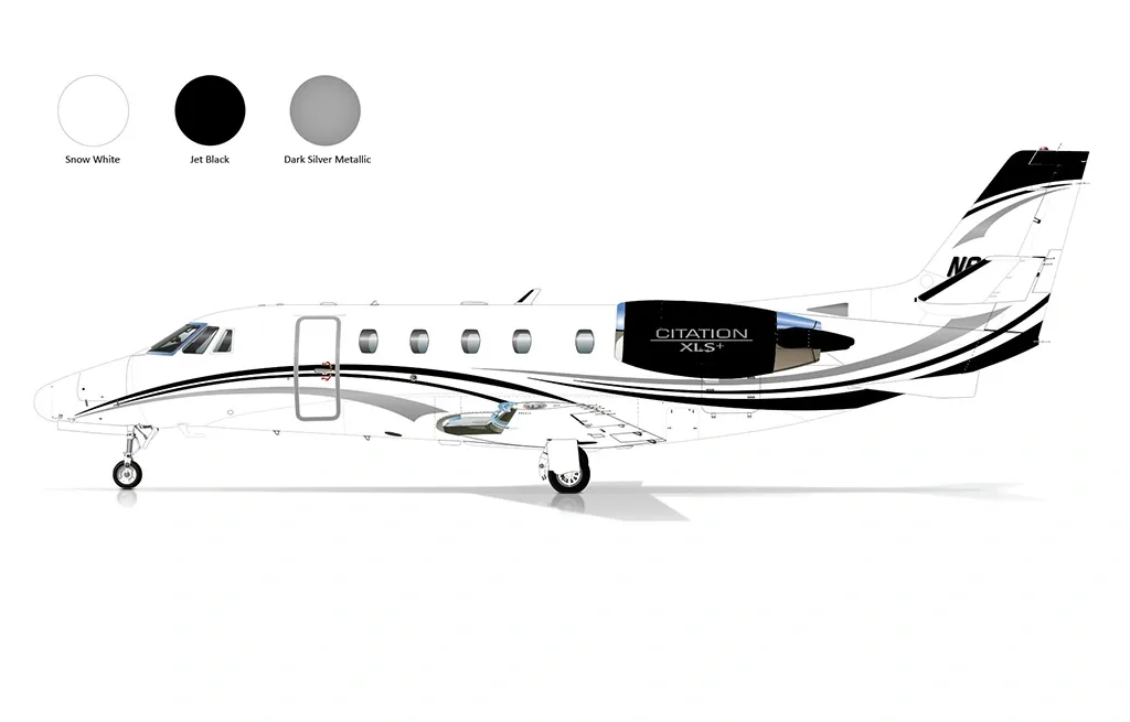 A white Citation XLS+ business jet with black and silver stripes, shown with paint color options.