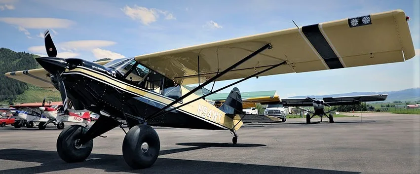 A black and gold Wag-Aero Sport Trainer bush plane with large tires is parked on an airfield tarmac with mountains in the background.