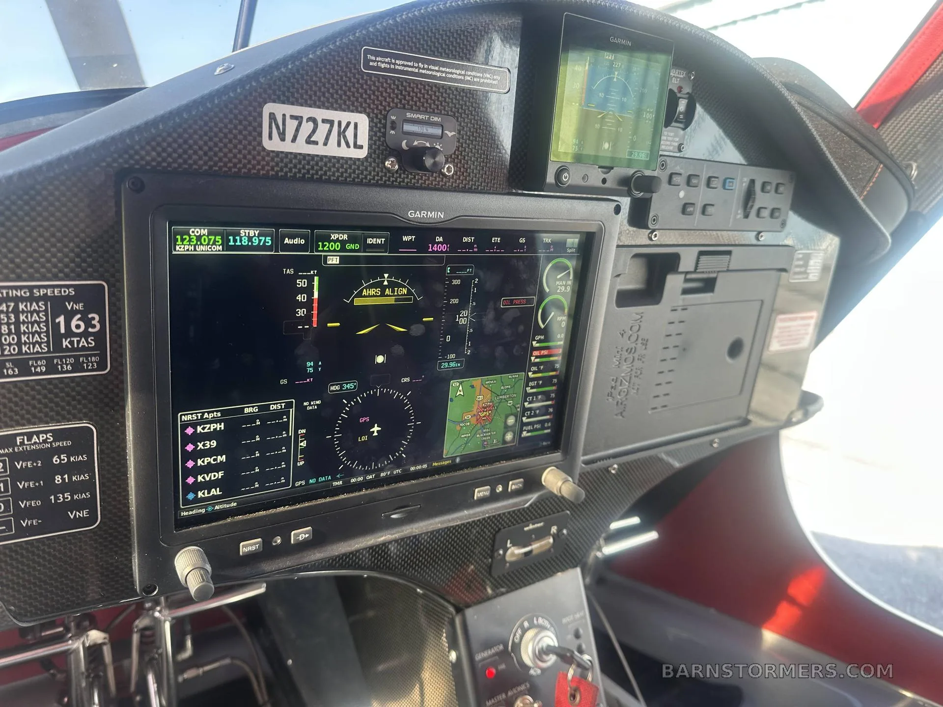 The cockpit features a modern glass panel with multiple Garmin displays showing flight information and navigation.