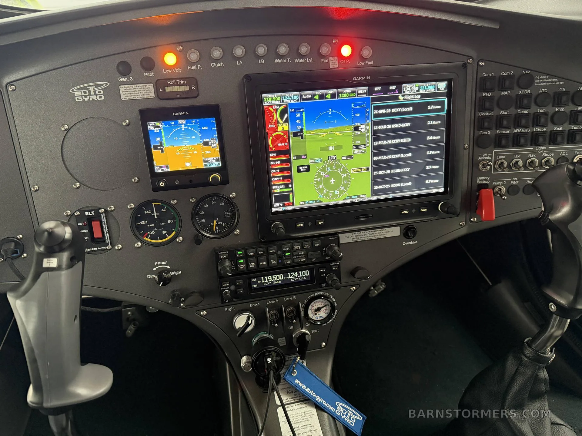 The AutoGyro Cavalon 915iS cockpit with the Garmin displays powered on, showing flight information and engine parameters.