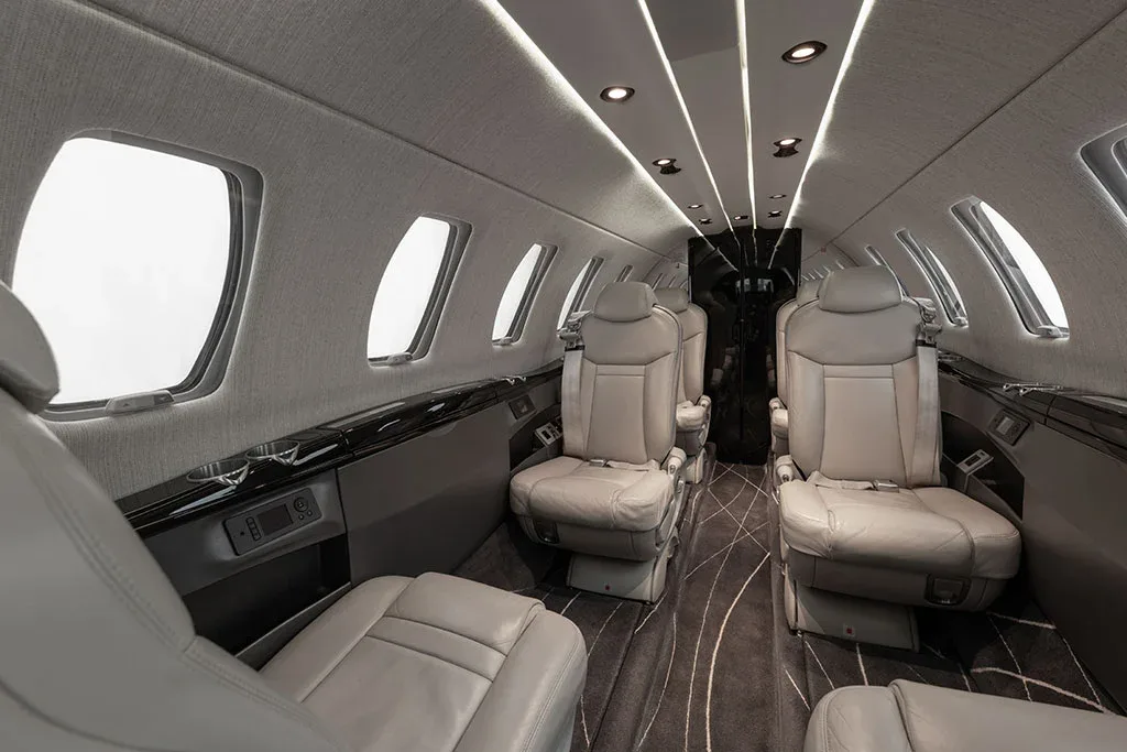 A side view of the private jet's cabin, showing light gray leather seats, large windows, and a dark patterned floor.