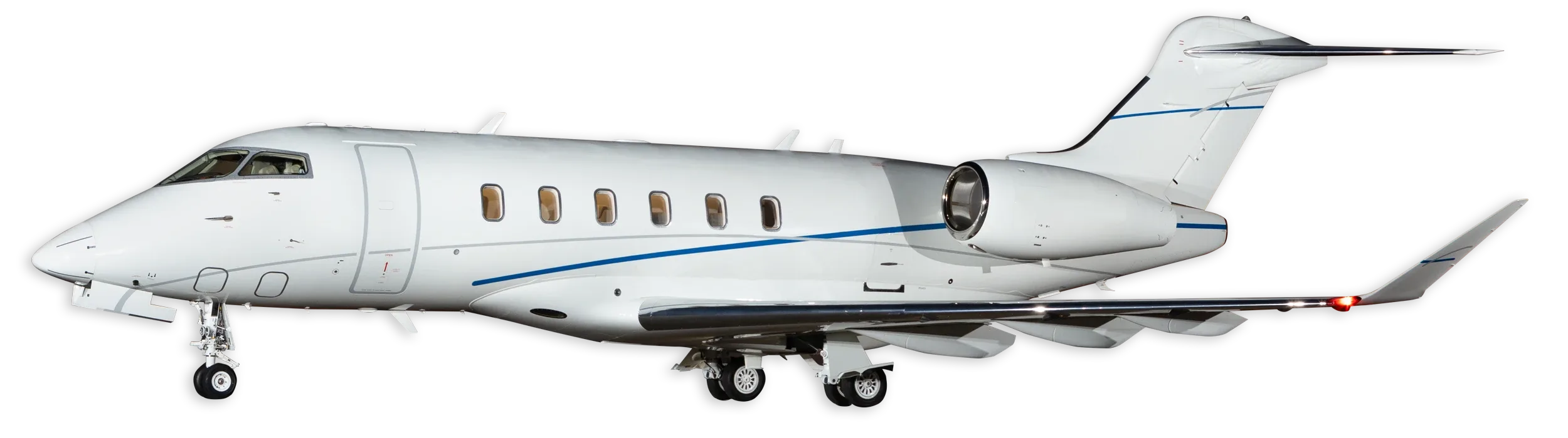 A white Bombardier Challenger 3500 business jet with blue accent stripes on the fuselage and tail, viewed from the side.