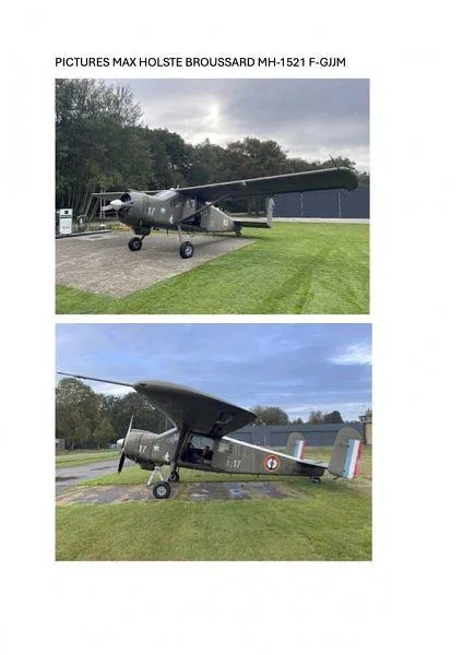 A Max Holste Broussard MH-1521 F-GJJIM aircraft in military green livery, parked on a tarmac next to grass, viewed from two different angles.