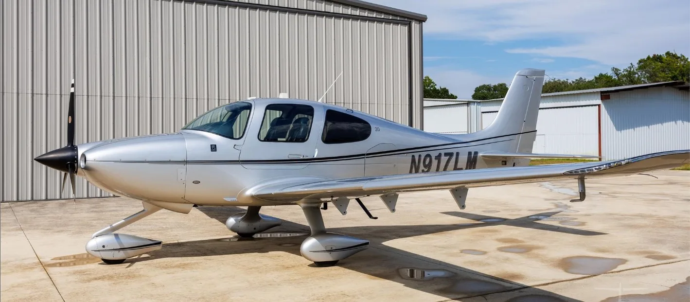 A silver Cirrus SR22 aircraft with registration N917LM is parked on an apron in front of a metal hangar.