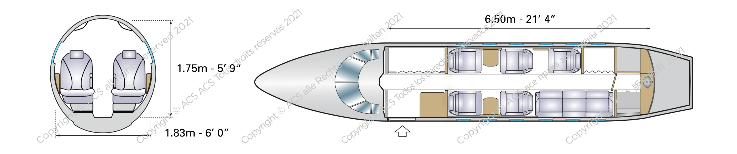 A diagram of the aircraft's interior layout and dimensions.