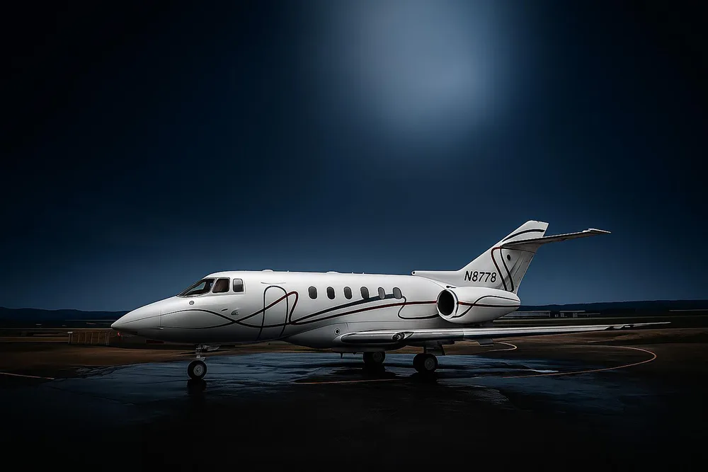 A white business jet with red and blue stripes (N8778) is parked on a wet tarmac under a dark, dramatic sky.