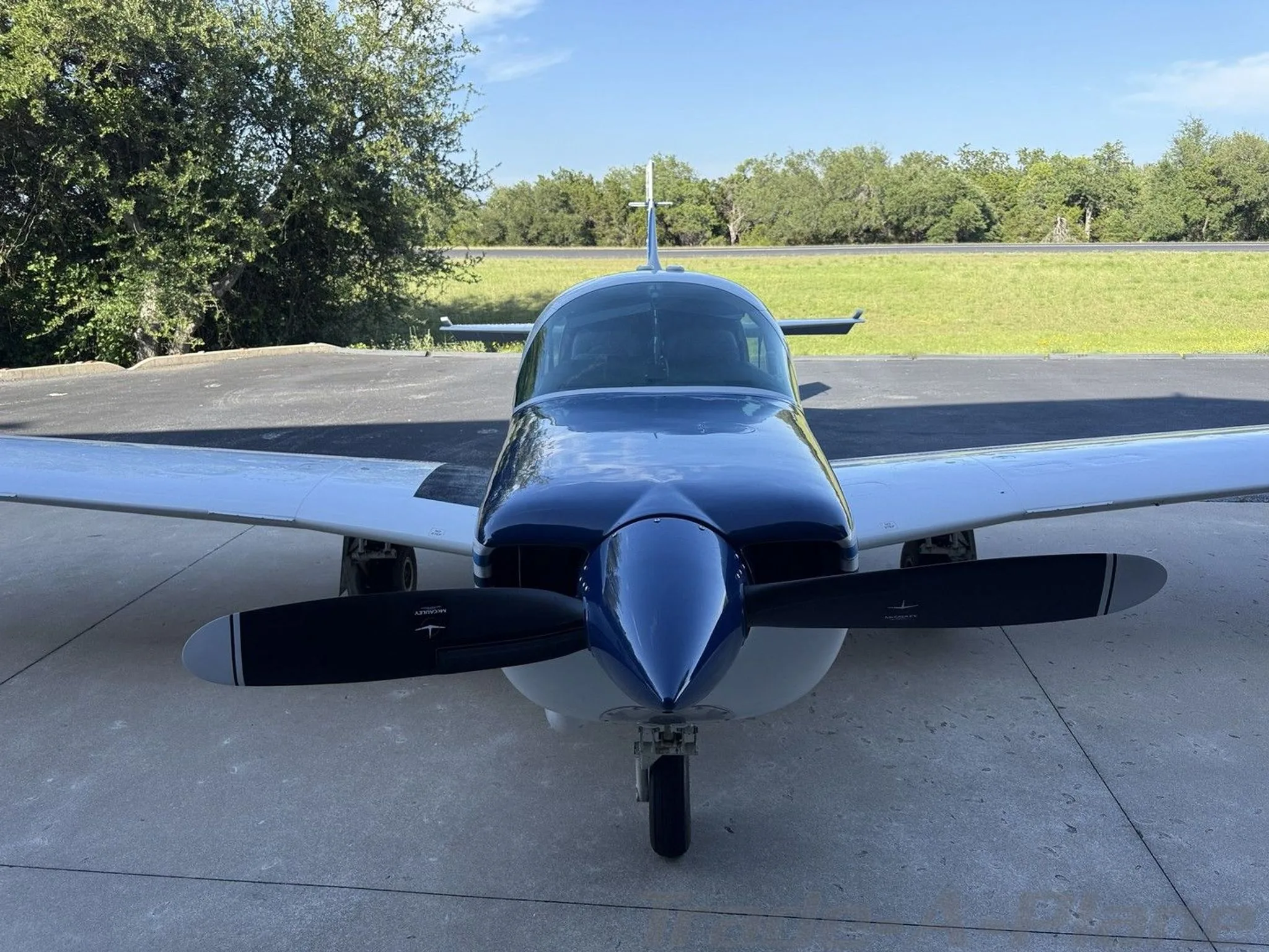 A head-on view of the white and blue single-engine aircraft, N1156G, showing its propeller and dark blue nose.