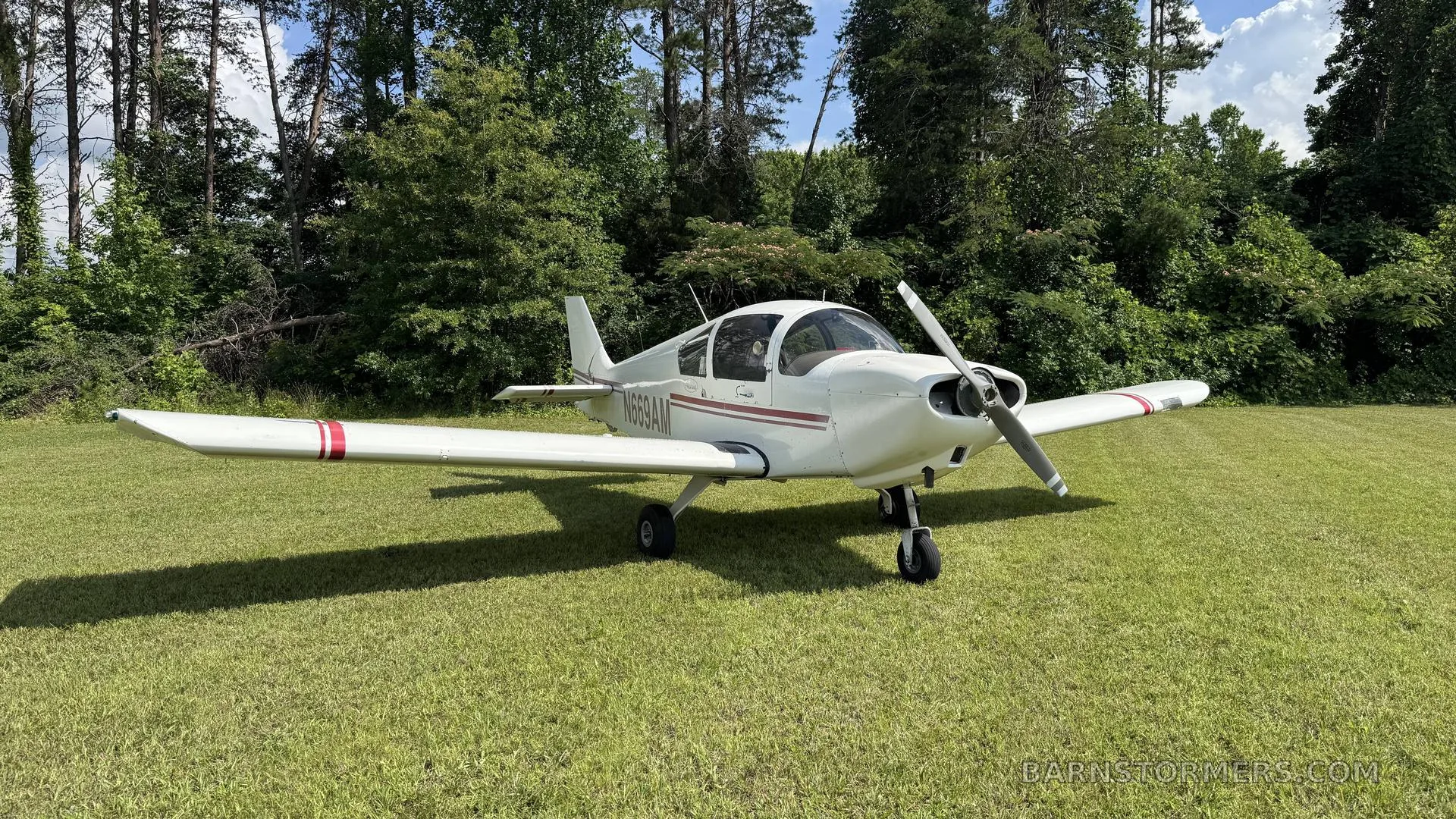 A white single-engine propeller aircraft with red stripes, registration N669AM, parked on a grassy field with trees in the background.