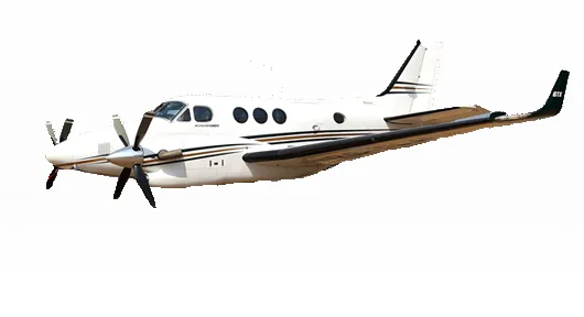 A white twin-turboprop aircraft, likely a Beechcraft King Air, with dark brown and gold stripes, viewed from the front-left side against a white background.