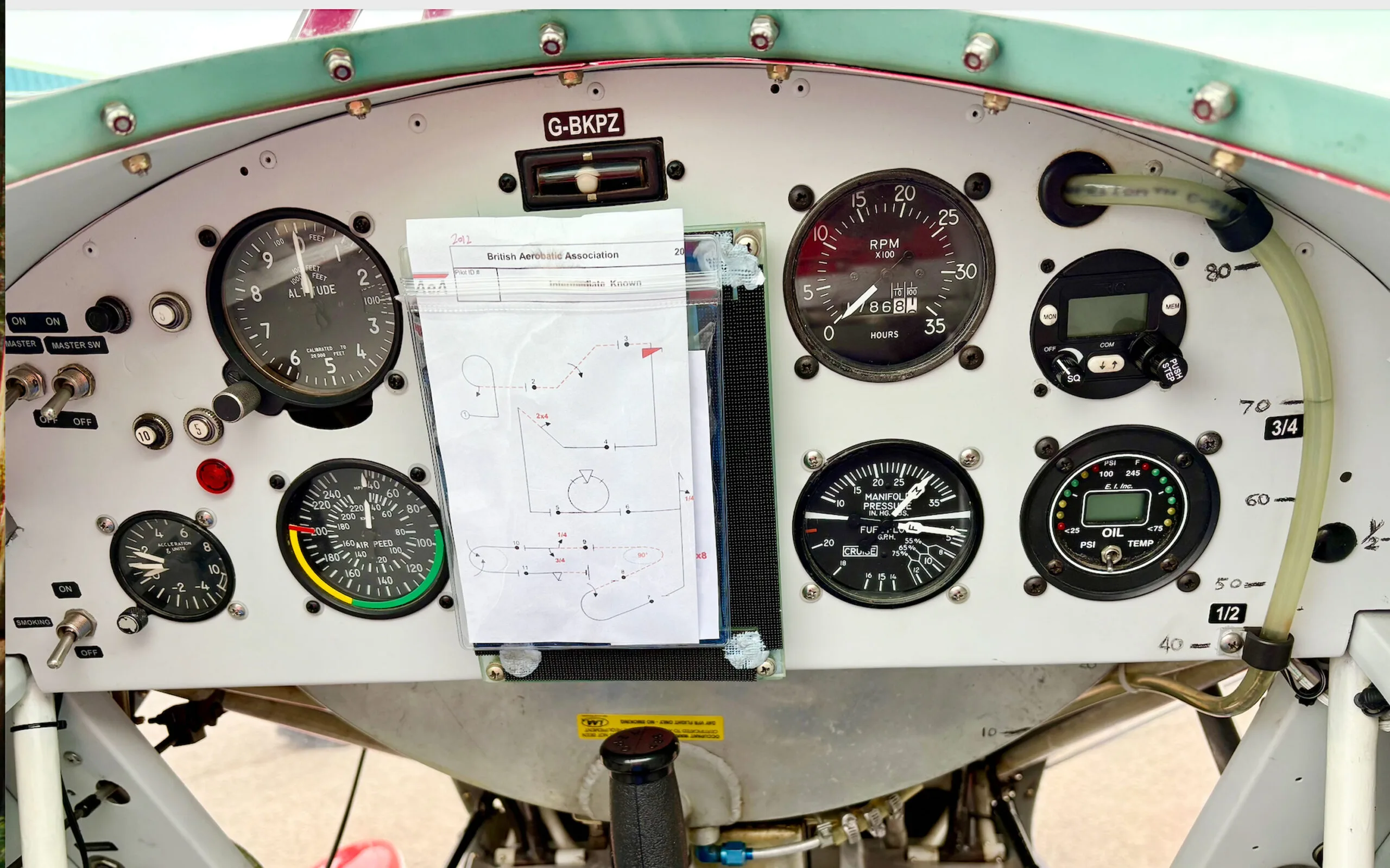 A close-up view of the instrument panel of the Pitts S1T biplane, showing various gauges and a diagram.