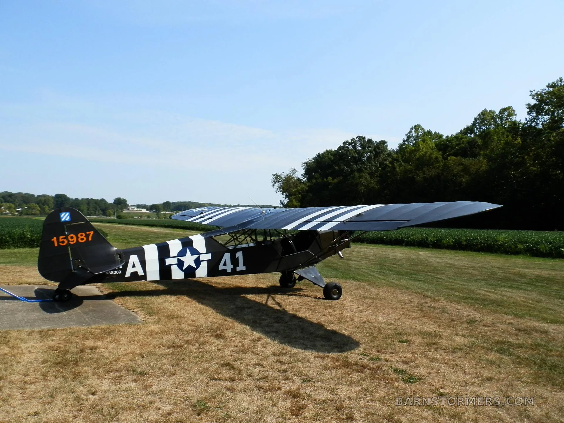 A black single-engine taildragger aircraft with white stripes and military-style markings sits on a grassy field.