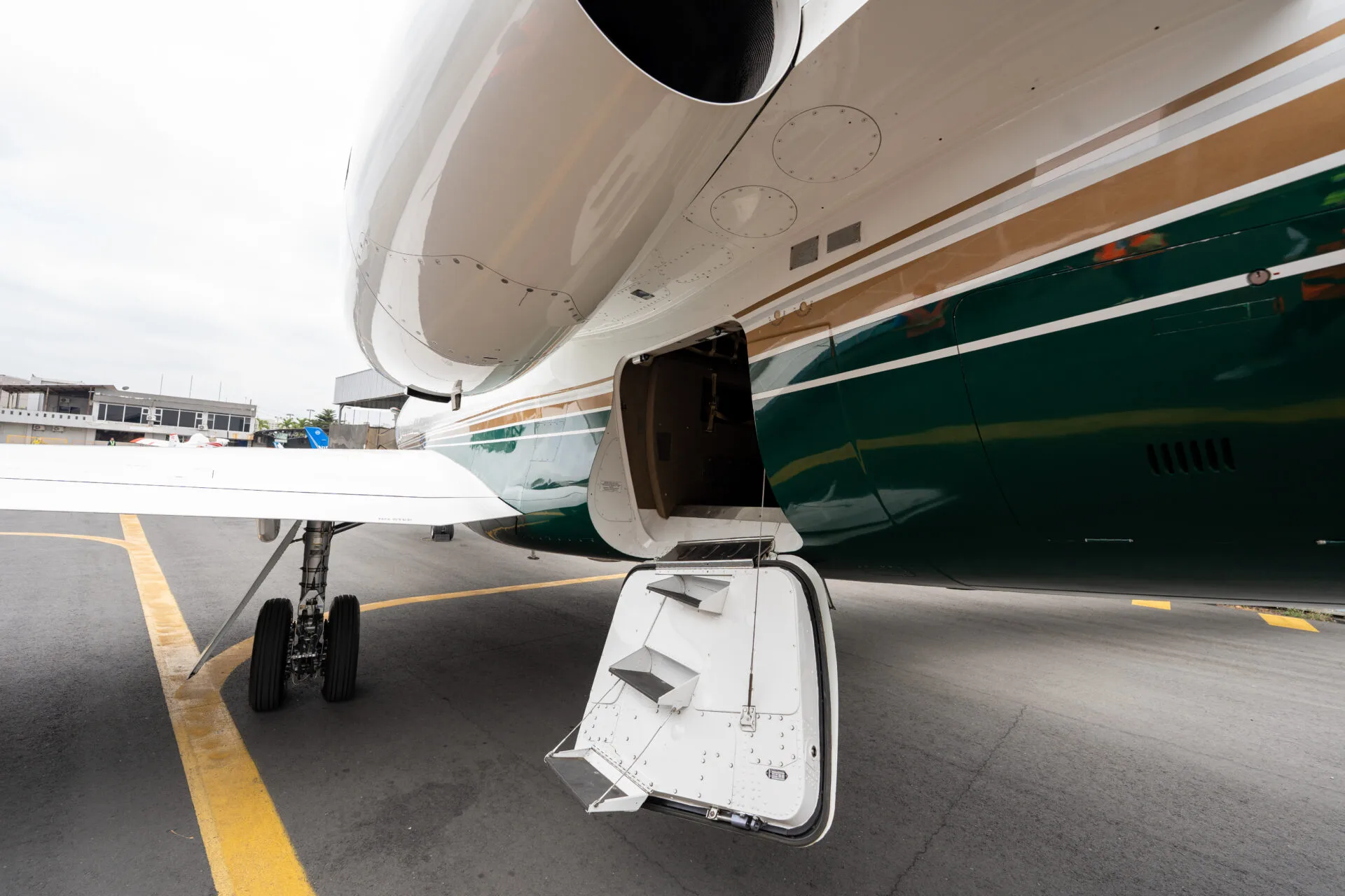 A close-up view of the underside of a white and green private jet with an open cargo compartment door.