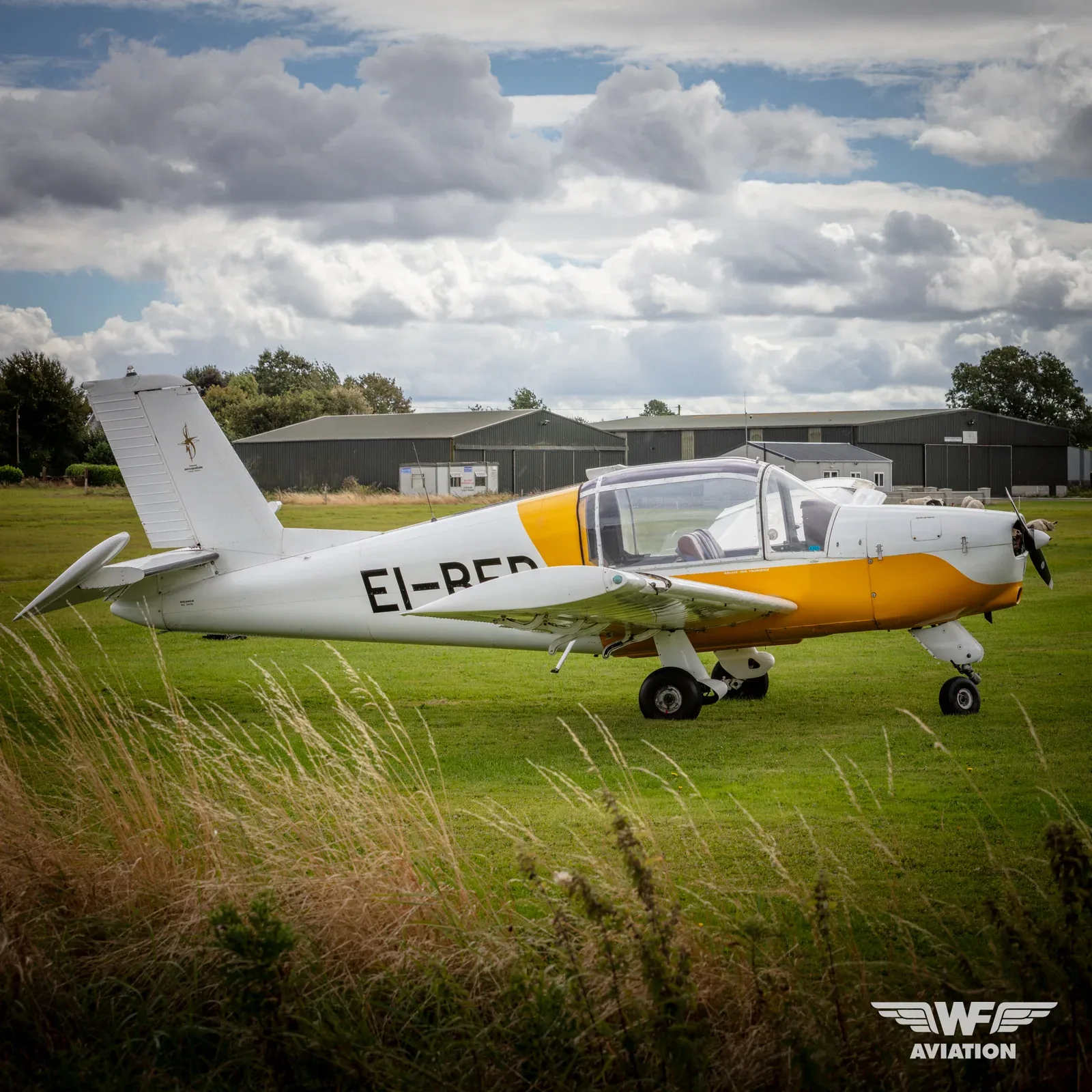 A white and yellow single-engine aircraft with registration EI-RED is parked on a grassy field with hangars in the background under a cloudy sky.