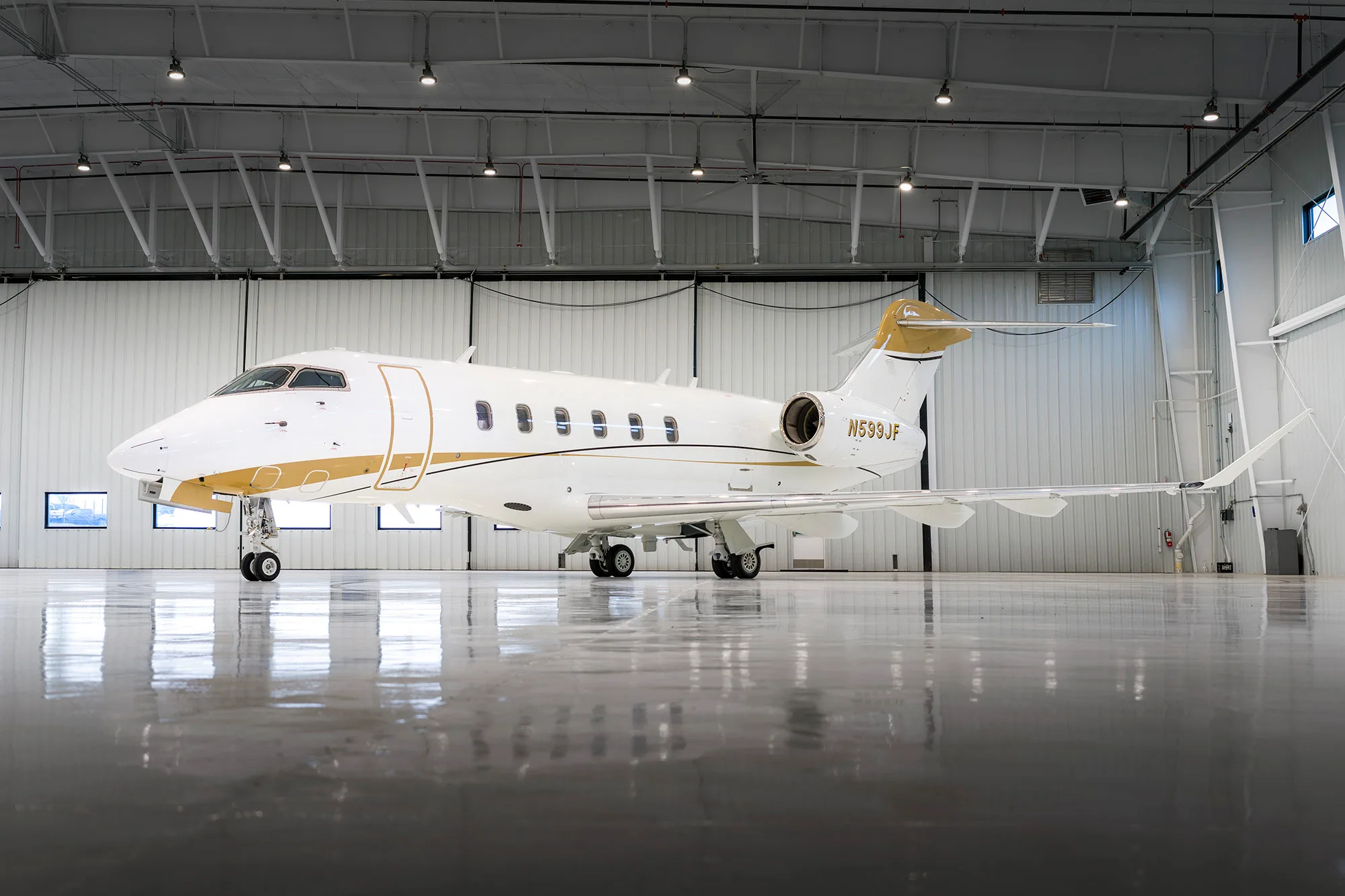 A white business jet with gold accents, registration N599JF, parked inside a brightly lit hangar.
