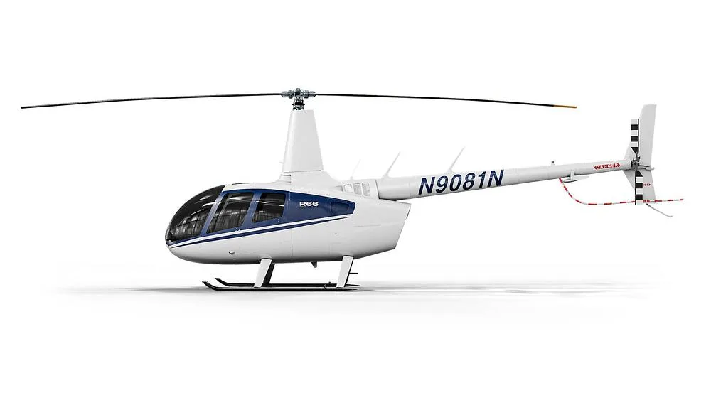 A white Robinson R66 helicopter with blue stripes, registration N9081N, shown from the side view on a white background.
