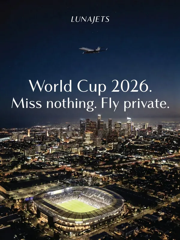 An aerial view of a private jet flying over a brightly lit city and stadium at night, with promotional text for Lunajets and the World Cup 2026.