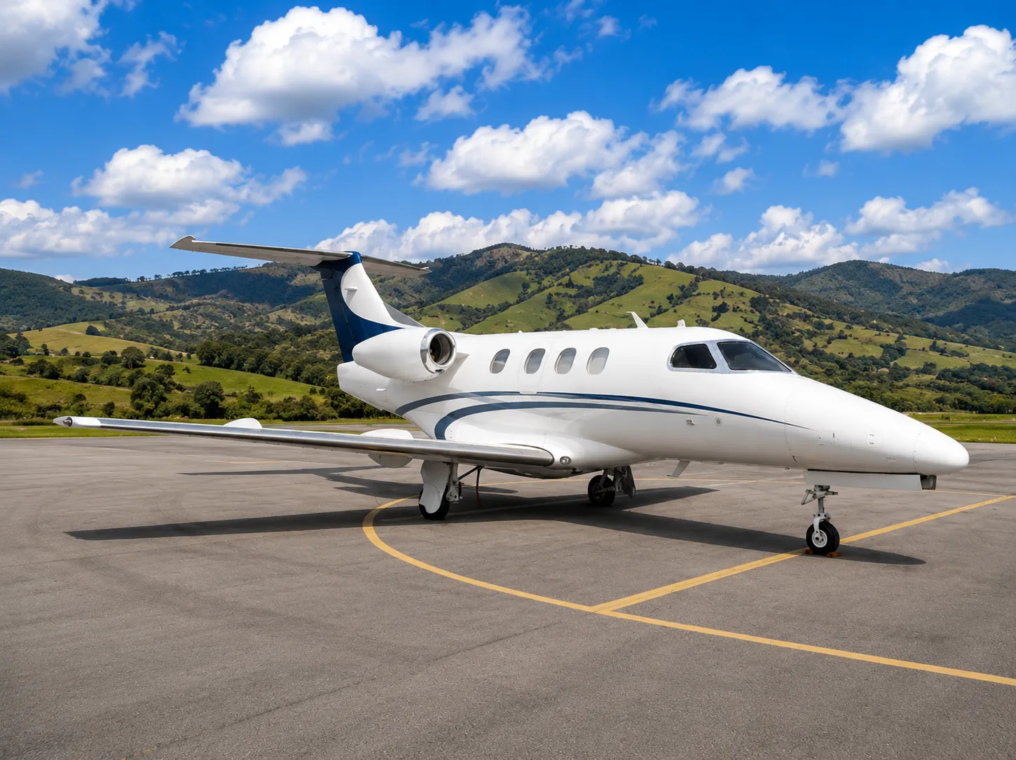 A white private jet with blue accents on the tail and fuselage, parked on an asphalt runway with green hills and a blue sky with clouds in the background.