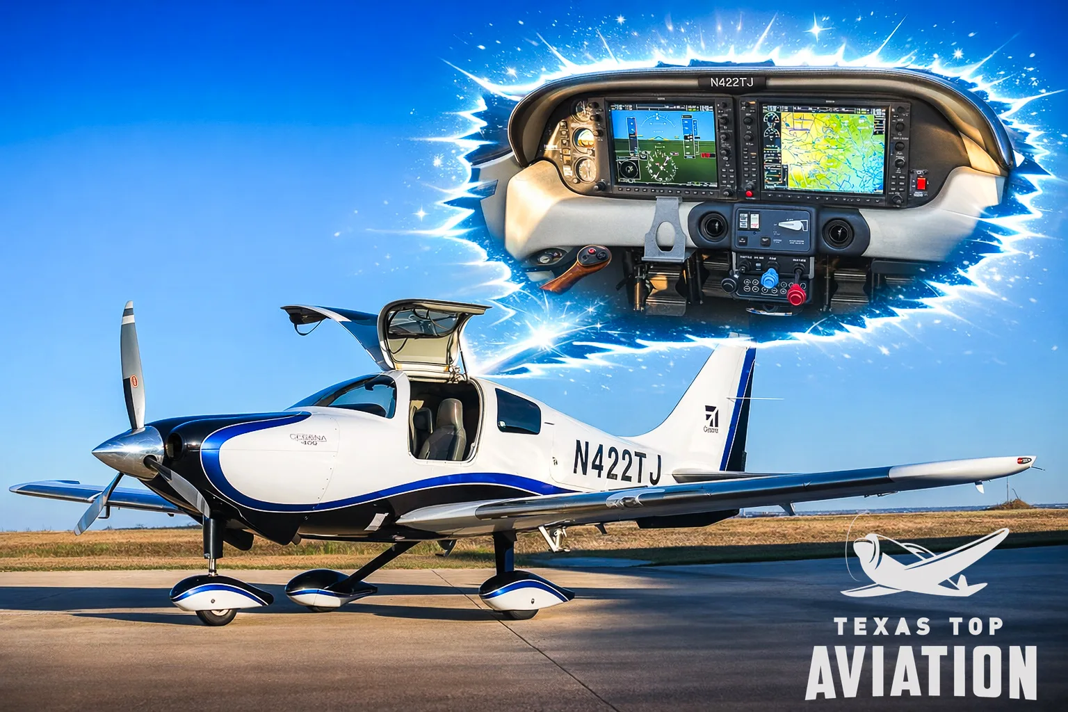 A white and blue Cessna 182 (N422TJ) with open doors is parked on an airfield, with a superimposed cockpit view and a 'Texas Top Aviation' logo.