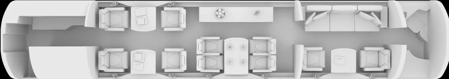 A top-down diagram shows the grey interior layout of a private jet cabin with various seating arrangements and tables.
