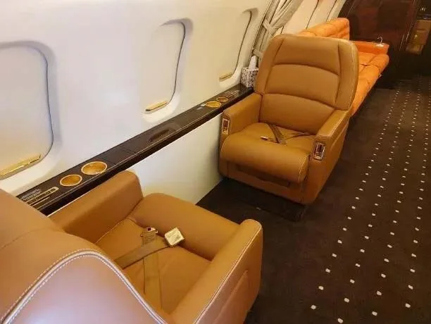 The interior of an aircraft cabin featuring brown leather seats and a dark patterned carpet.