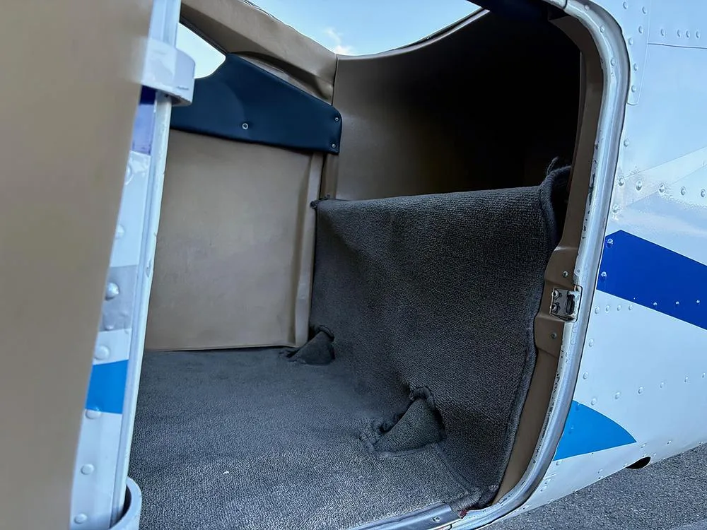 The carpeted cargo or rear cabin area of an aircraft, with an open door revealing the exterior paint scheme.