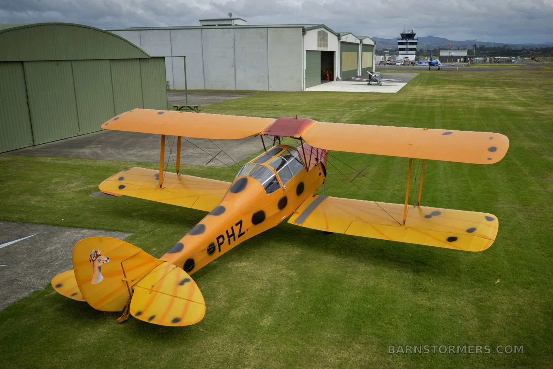 An orange biplane with black spots and 'PHZ' on its side sits on a grassy airfield with hangars and a control tower in the background.
