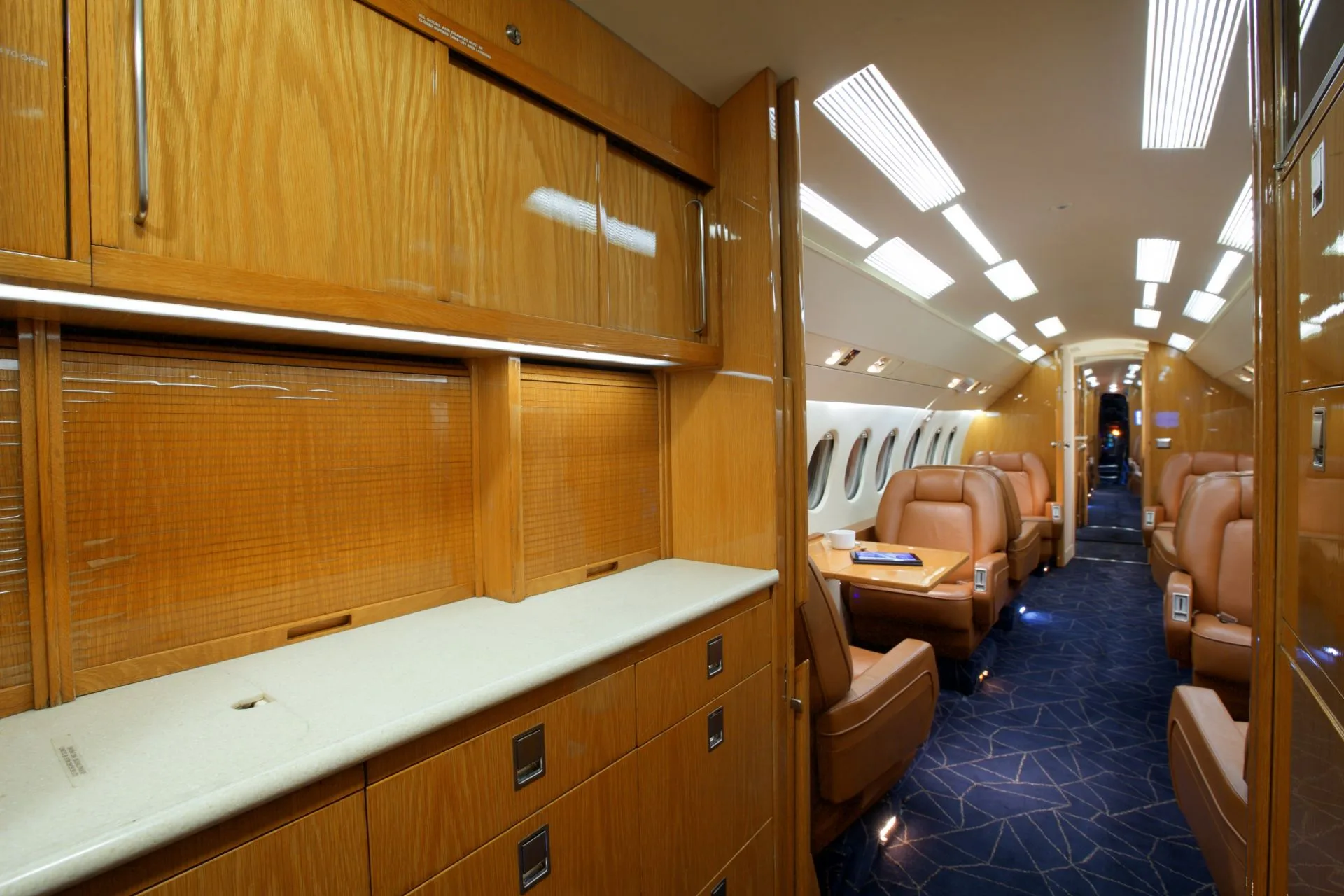 The interior of the aircraft features leather seats and a blue patterned carpet.